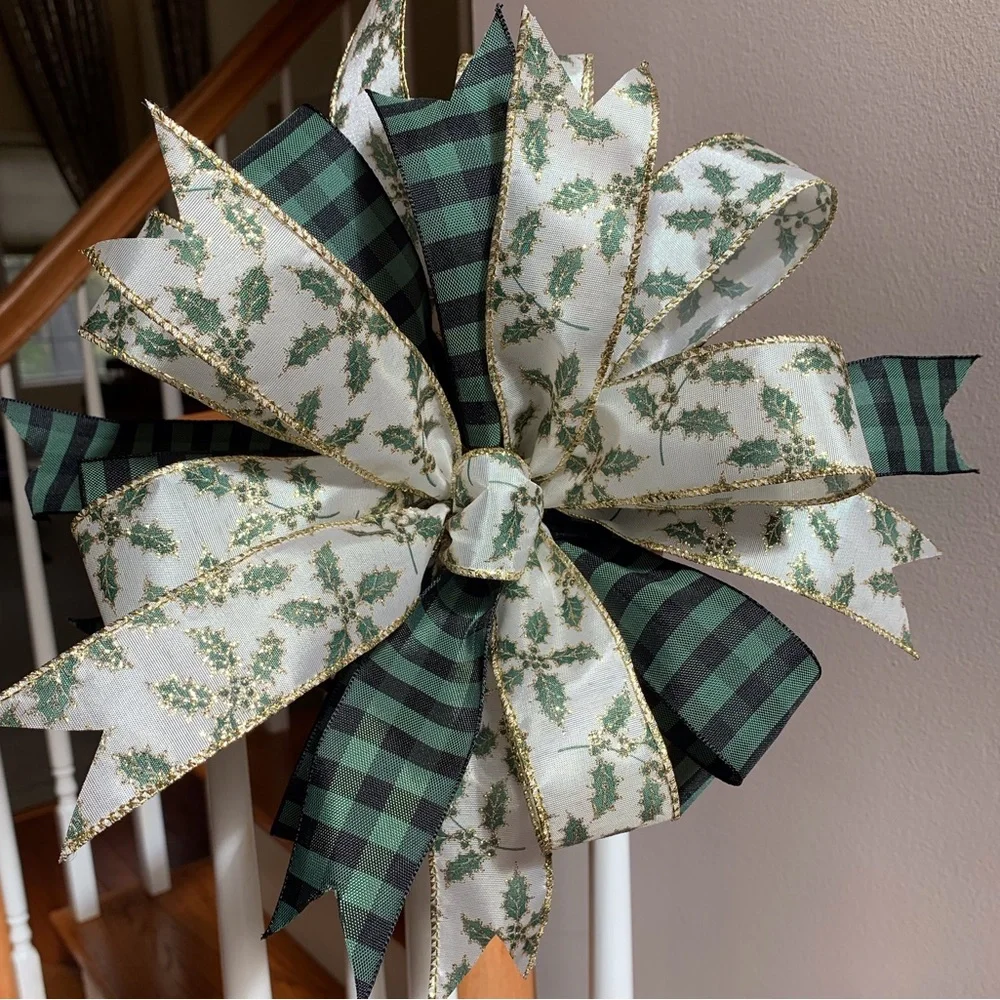 Christmas Wreath Bow, Farmhouse Christmas Bow, Green and Gold Christmas Bow, - Picture 2 of 5